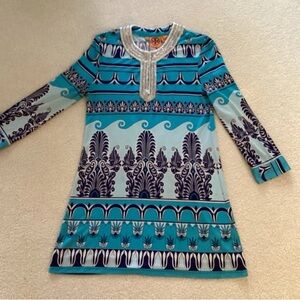 Tory Burch Silk Turquoise Blue Print V-Neck Beaded Tunic Size small